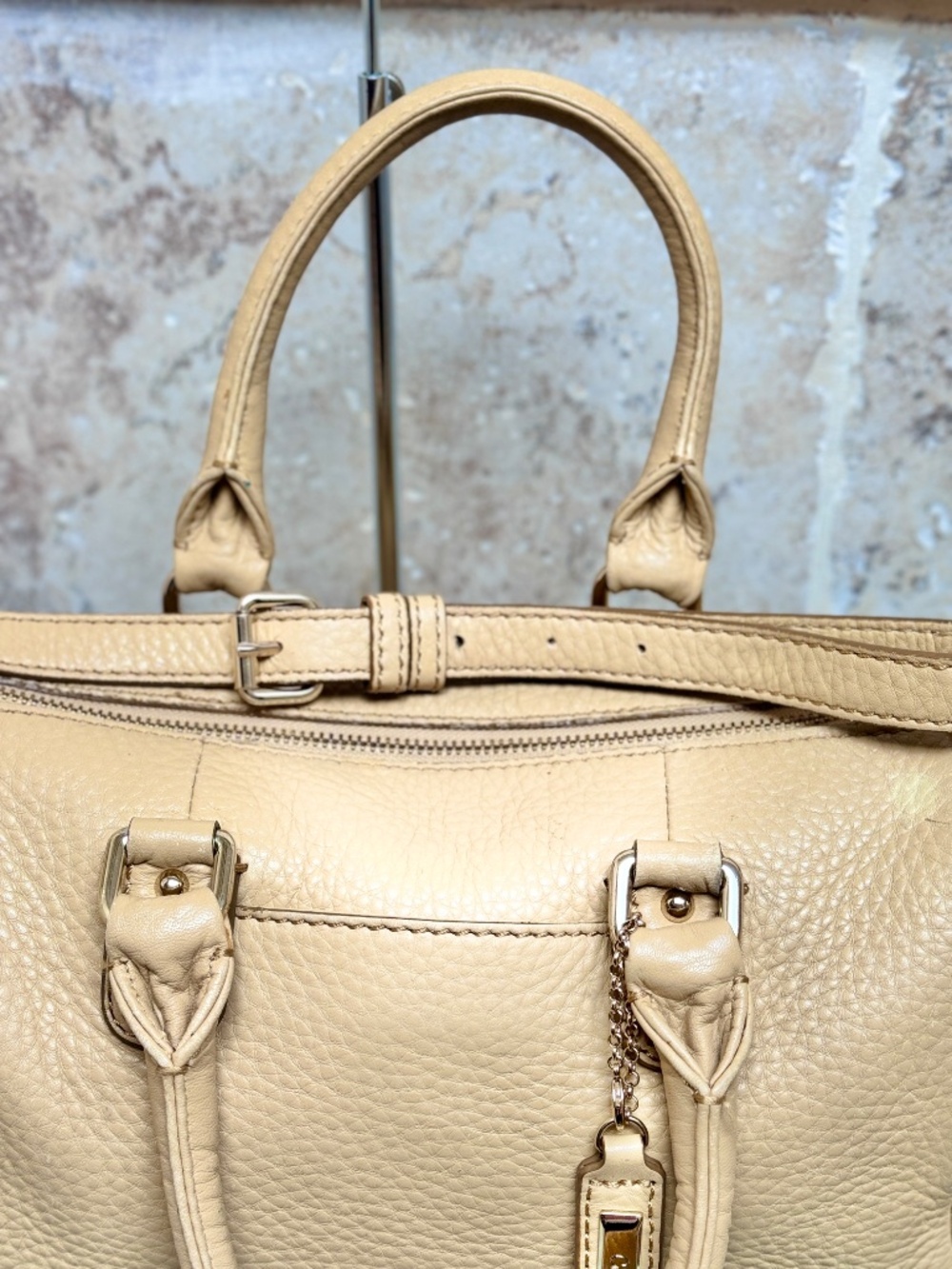 Cole Haan Jade Pebbled Leather Satchel Nude Beige Crossbody Shoulder Bag - Picture 3 of 15